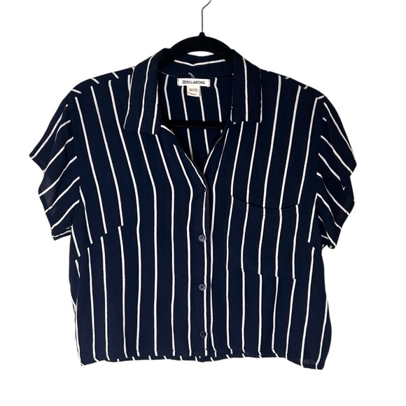 Billabong Tropical Crush Navy Blue Striped Button-Up Crop Top- Size Small - Picture 2 of 14